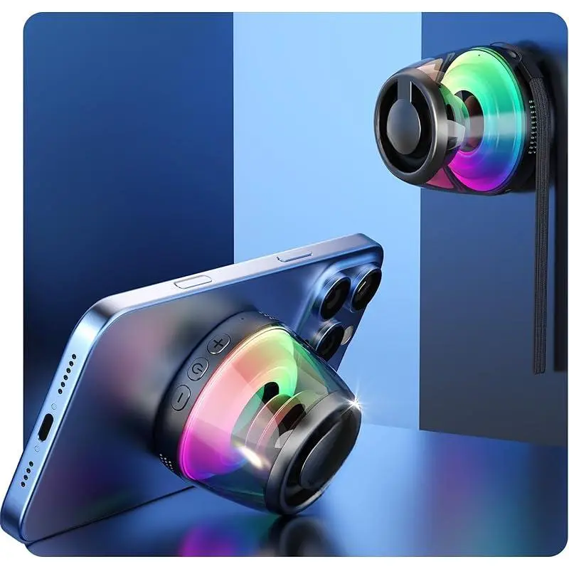 Mini Magnetic Bluetooth Speaker, Loudspeaker with Bass Diaphragm, 5W Internal-Magnet Speaker, 7H Playtime,TWS, RGB Light, TF Card Slot, Including Magnetic Ring and Lanyard, As Phone Stand