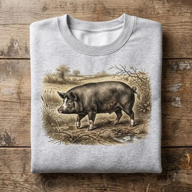 Pig Vintage Shirt Unisex Tee Sweatshirt Hoodie Cute Farm Animal Retro Nature Sketch Art Graphic Clothing Cottagecore Gift For Him Her