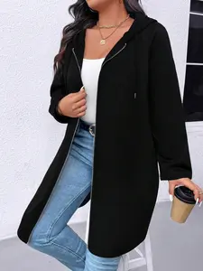 Elegant Plus Size Women's Fall Winter Hooded Sweatshirt, Long Sleeve Warm Fabric Jacket with Zipper Design, Fashionable Outerwear