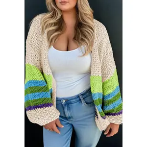 Parchment Color Block Crochet Open Front Plus Size Cardigan