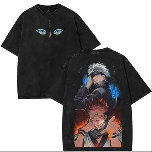 Gojo vs Sukuna Vintage Washed Oversized T-Shirt – Jujutsu Kaisen Anime Graphic Tee Cotton Unisex Streetwear Top for Manga Fans, Summer Outfits & True Sorcerers