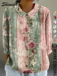 Women's Vintage Floral Pattern Printed Shirt Boho Style Shirt, Casual Vacation Daily Wear, Fitted Seven-Quarter Sleeve Blouse, All Seasons