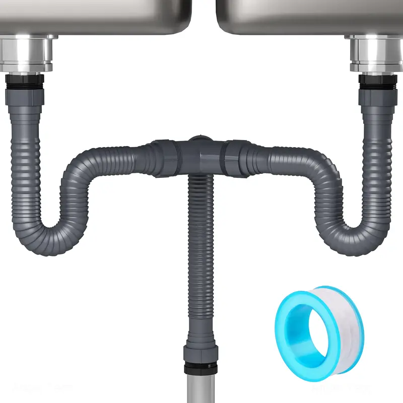 NiHome Expandable Flexible Corrugated P-Trap Drain Pipe Kit for Double Kitchen Sink (1.5" or 1.25"), with Adapter, Sealing Ring, 1x Teflon Tape, Drain Tubing, 1x 3-Way Connector, Plastic Drainage Fixtures for Installation