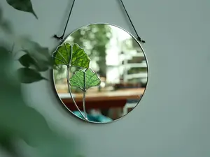 Ginkgo stained glass mirror, Small round wall mirror, Circle wall hanging mirror, Botanical plant home decor