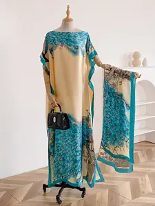 Women's Pheasant Print Long Sleeve Open Front Cape Dress & Scarf Set, Boho Casual Shawl Dress & Scarf for Beach Vacation Holiday, Ladies Clothes for Daily Wear, Summer, Beach Cover Ups, Swimsuit Cover Up