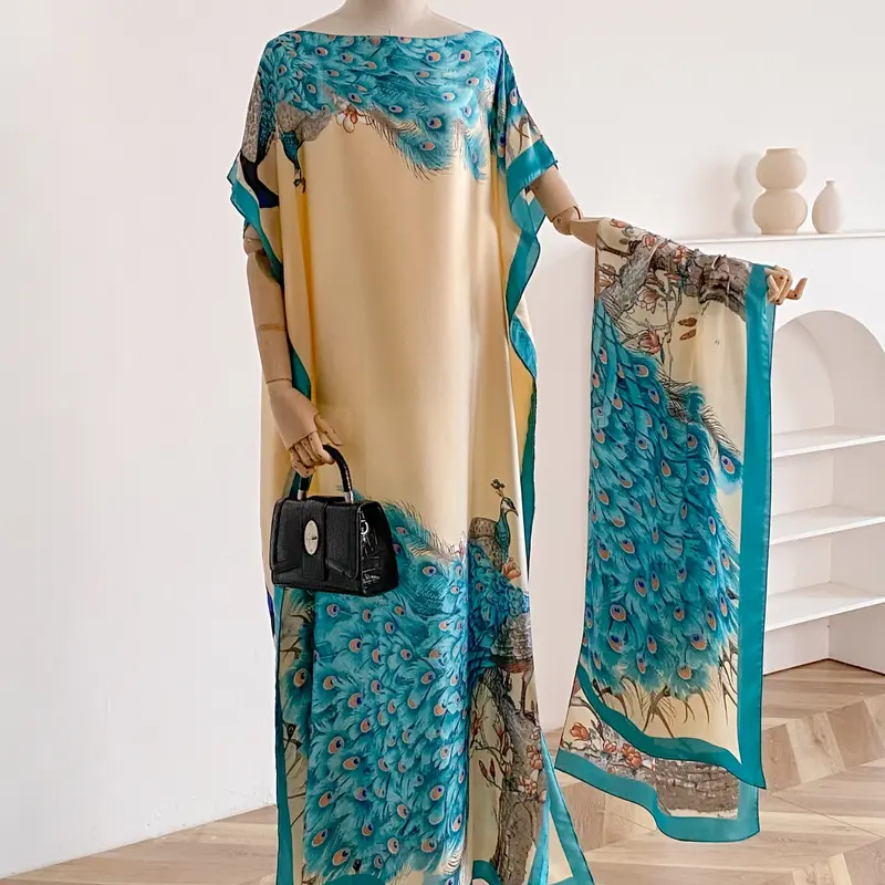 2 Piece Fashion Casual All over Print Shawl Set, Fitted Long Robe + Headscarf, Sun Protection Silk Scarf for Beach, Women's Summer Wear, Beach Cover Ups