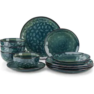 Starry Dinnerware Set for 4,  Reactive  Stoneware 12 count Plates and Bowls Sets, Dishwasher and Microwave Safe Dish Set, Green