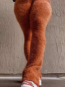 Women's Plain Fuzzy Flare Leg Pants, Fashionable High Waist Bell Bottom Trousers For Fall & Winter, Women's Bottoms For Daily Wear