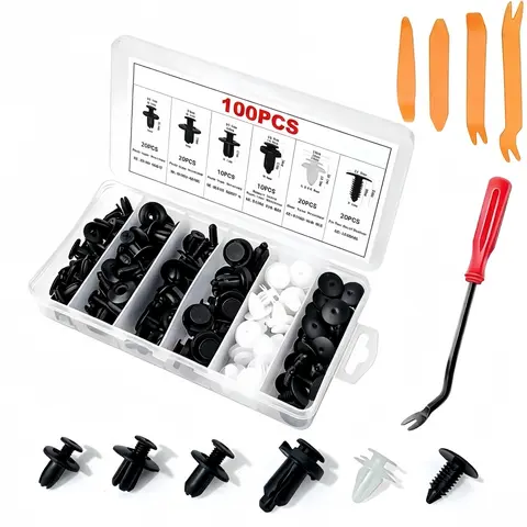 100-PC Multi-Size Universal Car Clip Kit - Wear-Resist Durable Plastic Clips, Quick-Install Screws, Industrial Nuts, Push-In Type, Fits Bumper & Trim, Door Panels, Long-Use Car Hardware Fastener Accessory