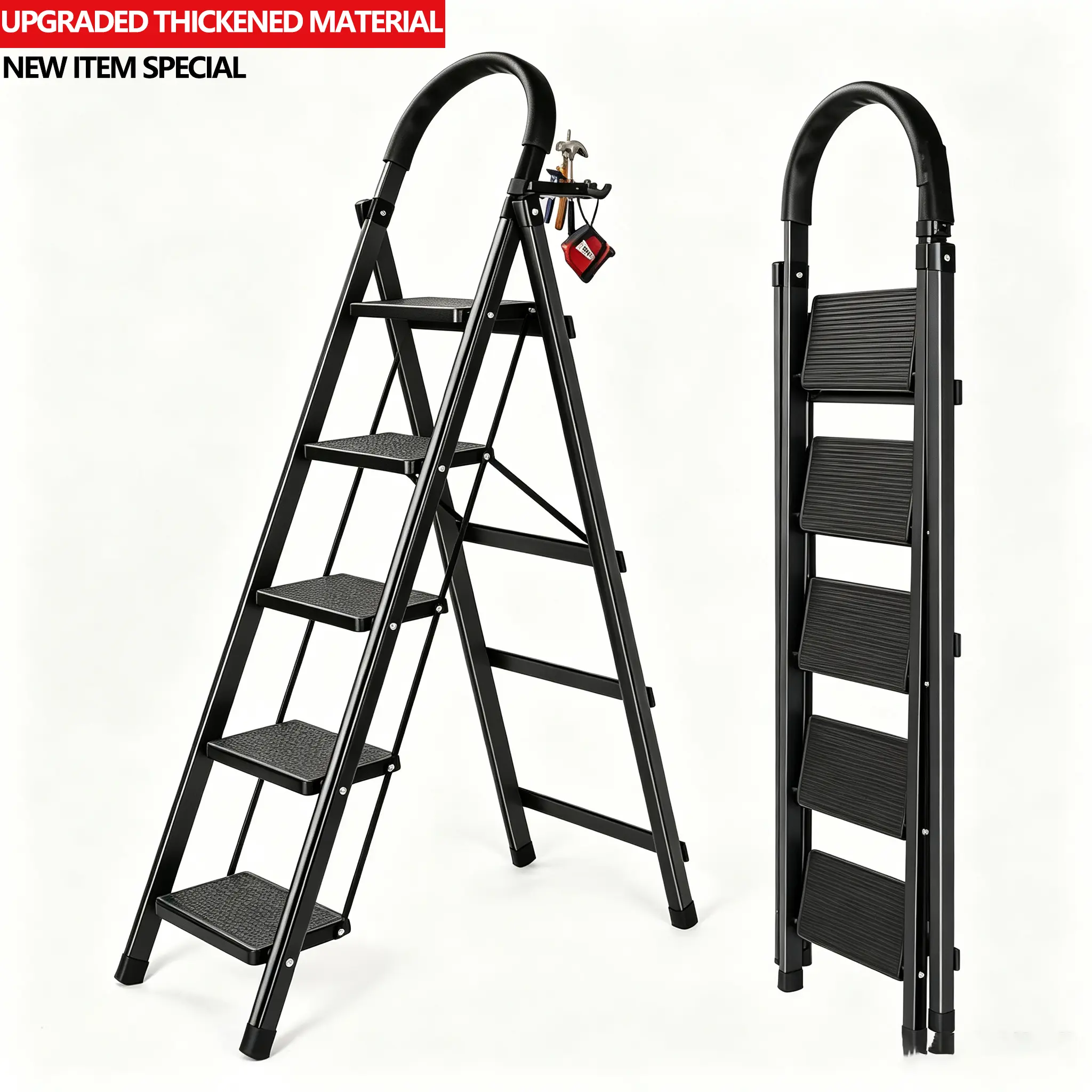 5 Step Foldable Steel Ladder with Safety Handrail & Tool Tray, Anti‑Slip Wide Steps Heavy Duty Step Stool, Portable Folding Ladder for Household Kitchen Garage Home Improvement