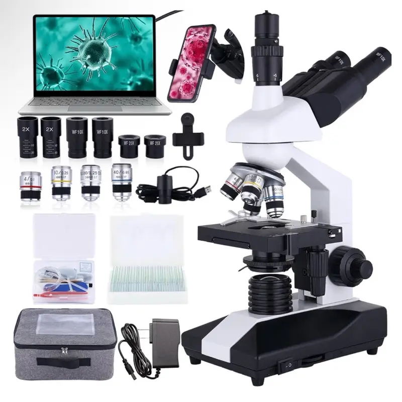 Research Grade Professional Compound Trinocular Microscope, 40X-5000X Magnification, 2-Level Mechanical Stage, LED Illumination, USB Video Camera for Adults
