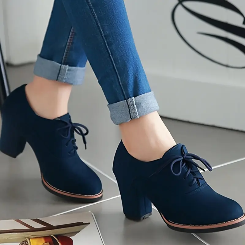Women's Stylish Lace-Up Heeled Shoes - Solid Color, Round Toe, Thick Bottom Walking Shoe for Sports & Outdoor Activities, Walking Shoes