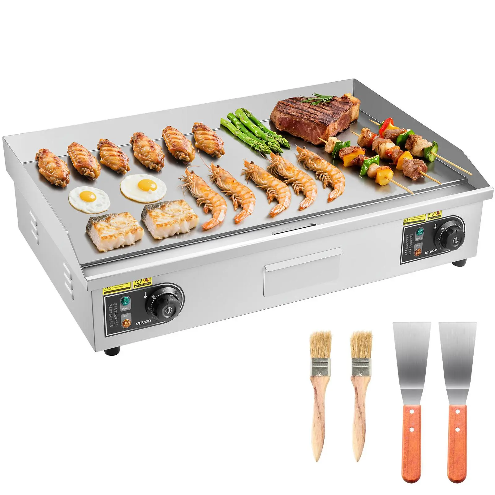 【Summerfinds】VEVOR Commercial Electric Griddle, 28.54 x 15.75 in, 2800W, 122-570°F Adjustable Temp Control, Stainless Steel Countertop Flat Top Grill with 2 Spatulas, 2 Brushes, 4 Foot Pads, for Steak(NO PLUG)
