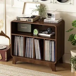 Large Record Player Stand with Vinyl Storage - 31.5" Turntable Stand Curved Vinyl Record Cabinet, Mid Century Modern Stereo Media Shelf for Living Room, Office