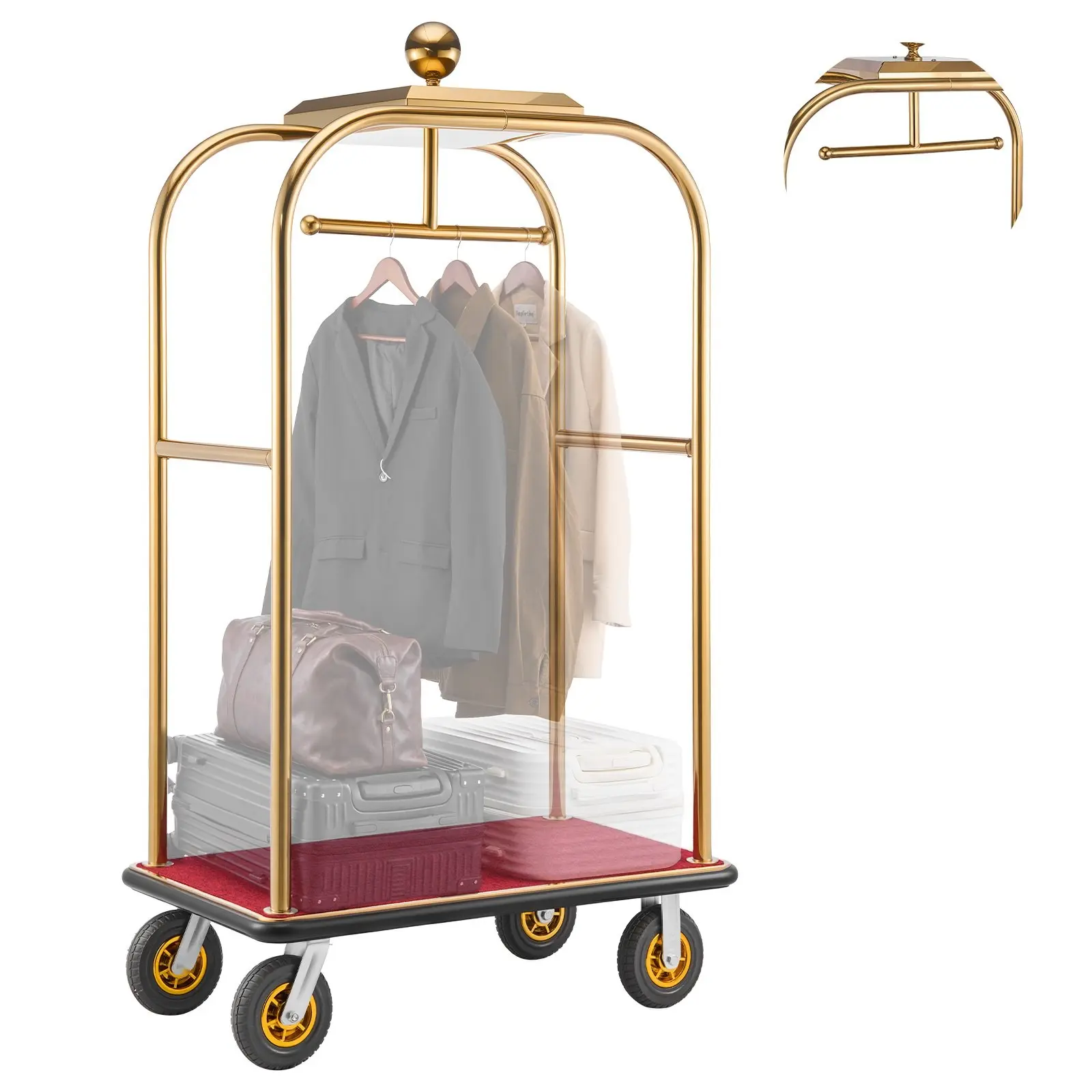 Hotel Luggage Cart 1200 Lbs Heavy Duty Bellman Cart With Stainless Steel Frame, 8-Inch Rubber Wheels, Red Carpeted Deck, Commercial Luggage Carrier Rolling Trolley For Hotels And Resorts, Gold Finish
