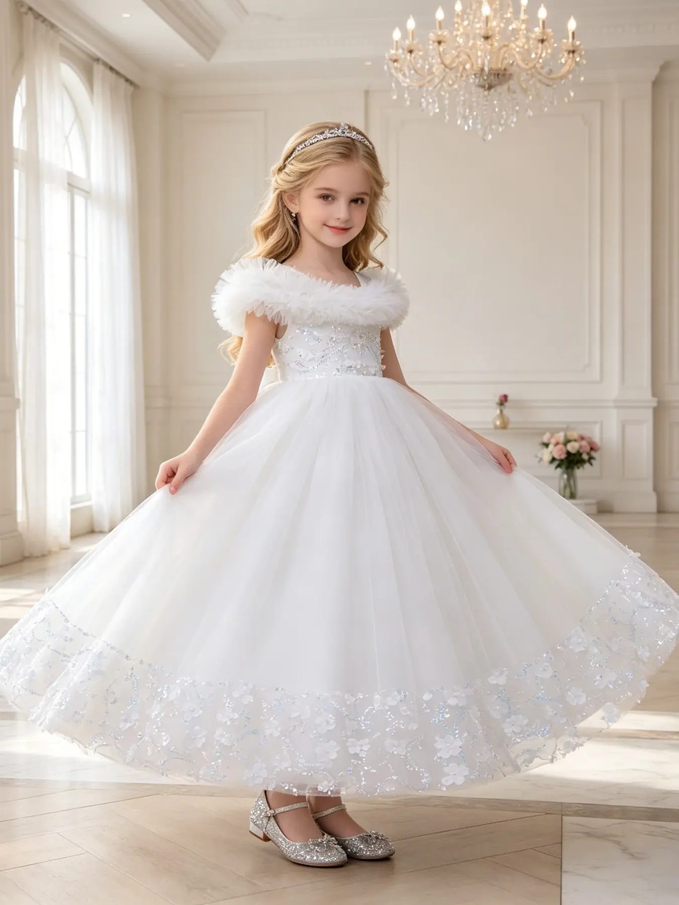 New Dress, One-Shoulder Cute Princess Formal Long Dress, Birthday Festival Gown, Embroidered Sequins Mesh Skirt, Full Circle Tutu Dress