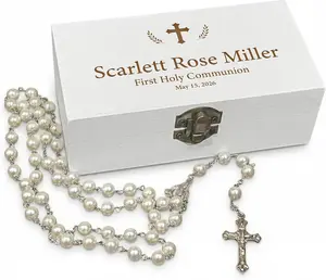 On The Rox Personalized Keepsake Box for First Communion - Custom Engraved Wooden Memory Box for Baptism, Christening Gift - White Wooden Storage Box - Unique Box for Jewelry, Memento, Photo Storage