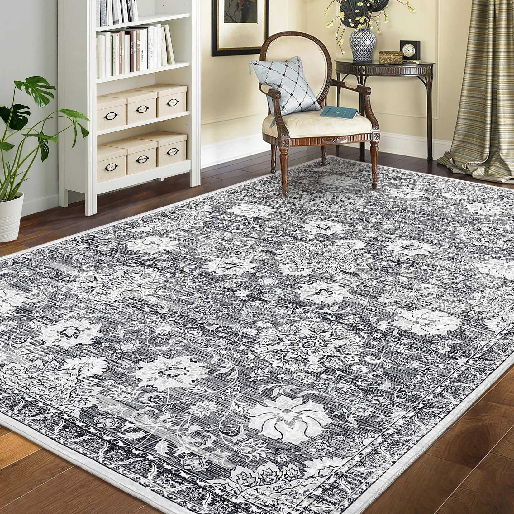Bohemian Printed Carpet Distressed Floral Carpet Low Pile Soft Carpet Home Decorative Carpet Anti-stain Anti-slip Carpet Suitable for Living Room Bedroom Dining Room Office