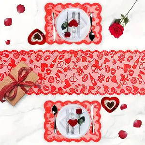 Valentine's Day Table Runner & Placemat Set, 1 Set Romantic Lace Tablecloth, Table Decoration Supplies for Wedding, Marriage Proposal, Anniversary, Engagement