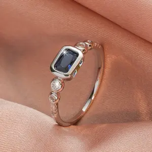 Inlaid Rectangular Fake Sapphire Finger Ring Simple Style Versatile Finger Ring July Decor