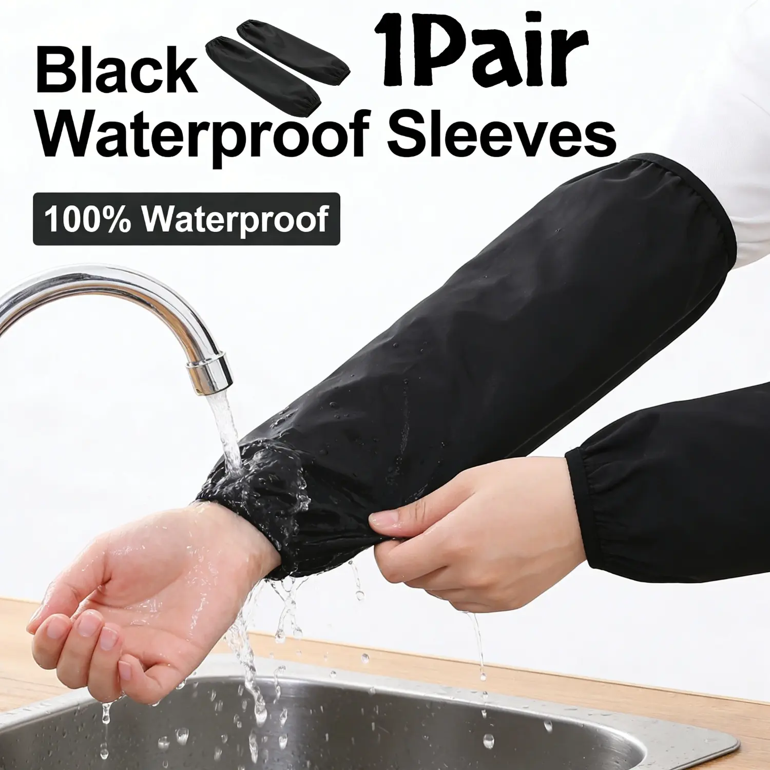 1 Pair Extended Waterproof Sleeves, Oil-Resistant and Stain-Proof Protection, Black Work, Cleaning and Daily Wear Arm Sleeves