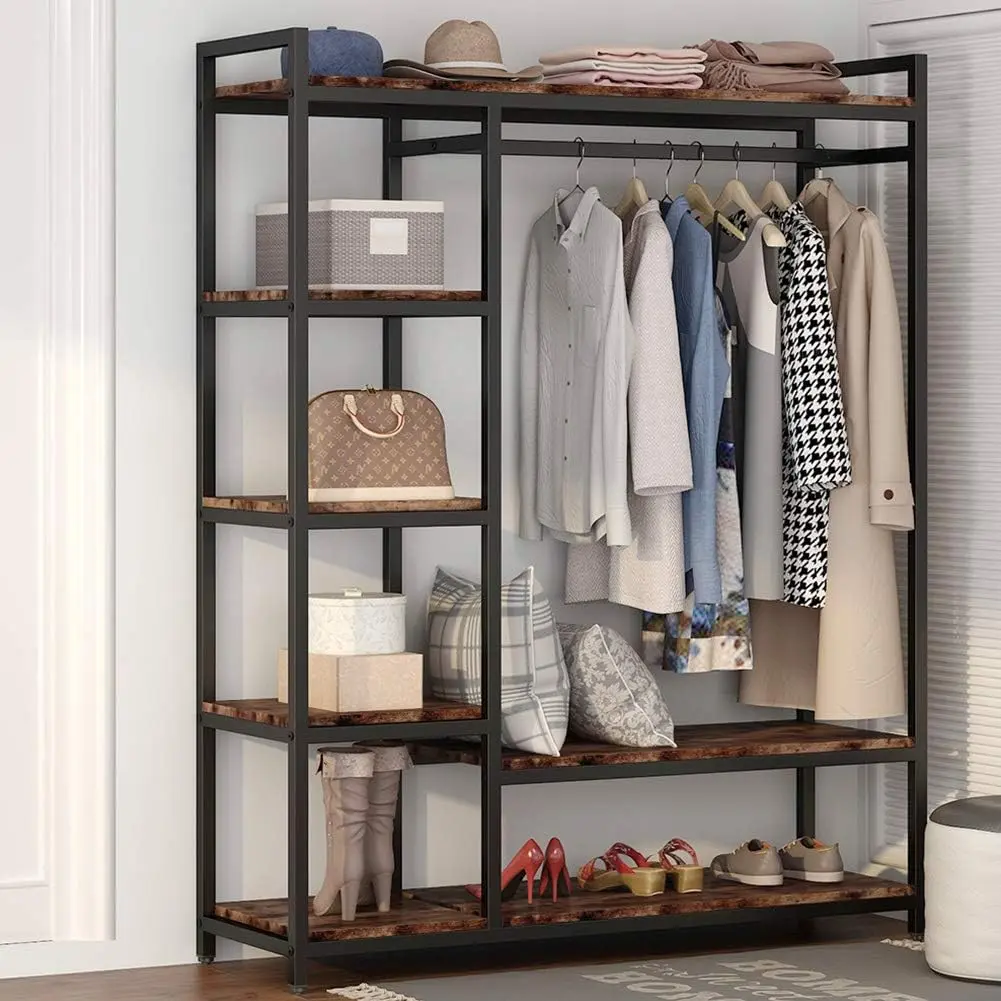 LITTLE TREE Free standing Wood Closet Clothes Rack,Heavy Duty Grament Rack with Shelves,Hanging Racks for Clothes Clothing Rack for Bedrom,Wardrobe Closet Organizer,350 lb Capacity