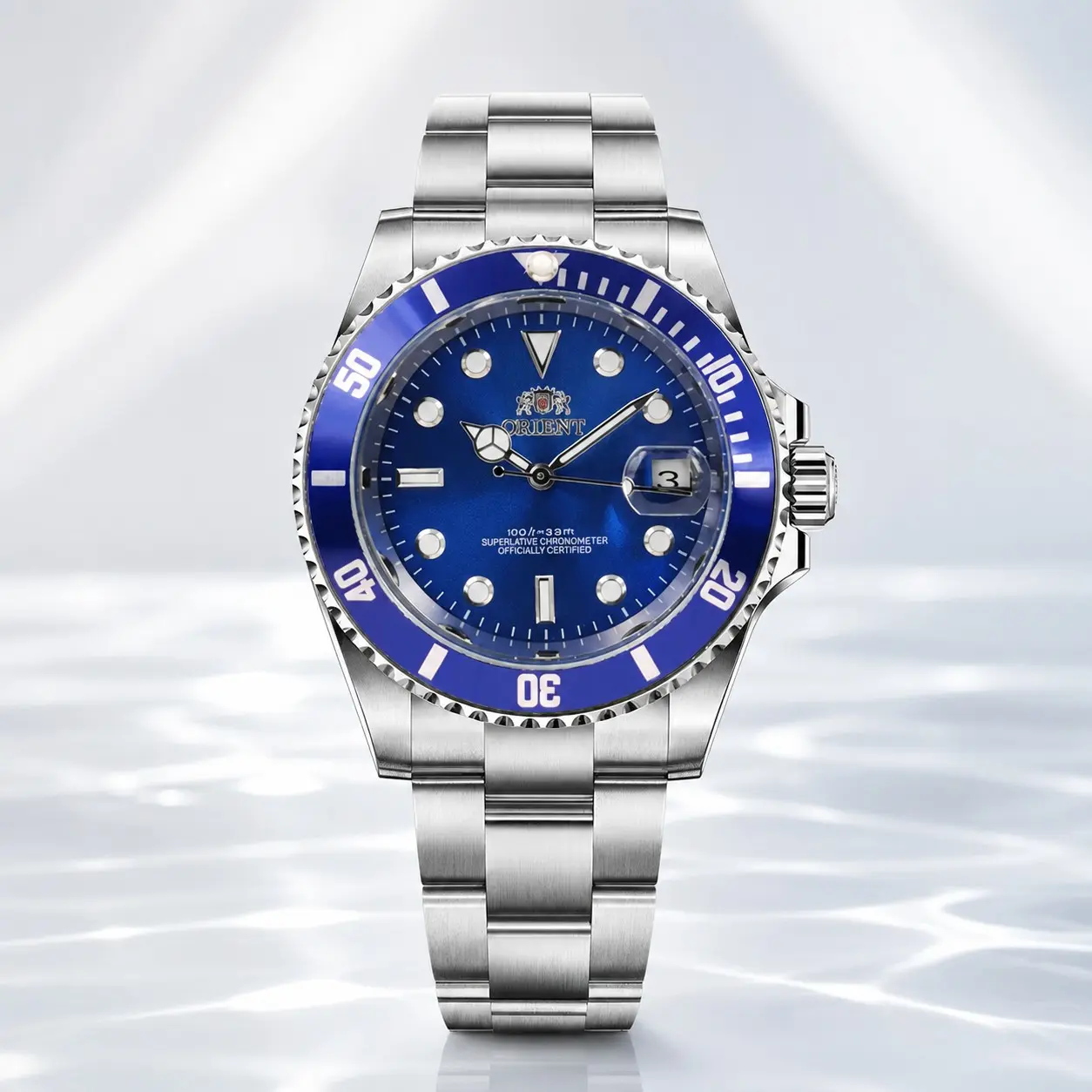 Orient Men Diver Automatic Watch, Rotating Bezel, Luminous Marker, Date Window, Stainless Steel Bracelet, 100M Waterproof Sport Diving Wristwatch, Classic Submarine Style Mechanical Watch for Men