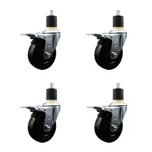 Soft Rubber Swivel Expanding Stem Caster Set of 4 with 4 Inch Black Wheels and 1-7/8" Stems - Includes 4 Swivel with Total Locking Brakes - 200 lbs. Capacity Per Caster - Service Caster Brand