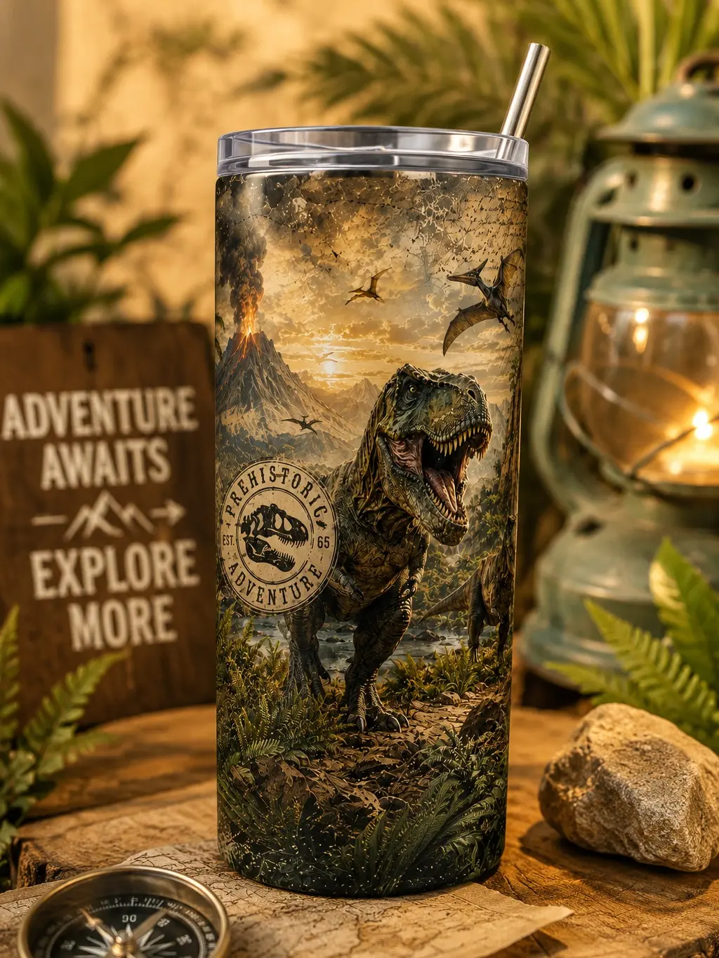 20oz T-Rex Dinosaur Tumbler with Straw | Prehistoric Adventure Stainless Steel Insulated Travel Mug | Dinosaur Gift for Men & Kids Drinkware Flasks Lid Reusable