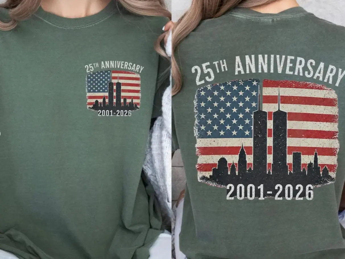 25th Anniversary 9/11 Memorial T-Shirt, Never Forget Patriotic Tee, September 11 Remembrance, Front & Back Print Top Womenswear