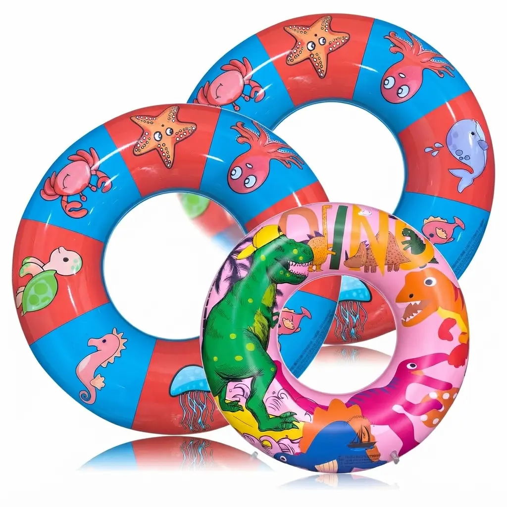 3-in-1 Family Swim Ring Set; 2 Adult Pool Rings (29.5in) + 1 Kids Dinosaur Float (21.7in) | Thick PVC Inflatable Tube for Pool, Beach & Summer Party