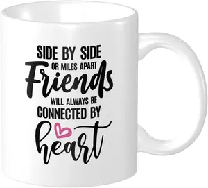 Side By Side or Miles Apart, Friends Will Always Be Connected by Heart Mug, Best Friends Gift Coffee Cup, Birthday Day Best Sister, Long Distance Friendship Gifts 11oz Ceramics White