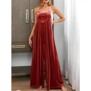 Plus Size Casual Solid Vintage Gold Velvet Bib Jumpsuit with Pockets – 100% Polyester, Round Neck, Hand Washable, Spring/Autumn Wear, Chic Comfortable Design for Women, Brick Red Minimalist Sleeveless Overall