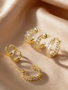 3 pairs of women’s earrings: 14K gold-plated cubic zirconia with rhinestones, chunky small hoop earrings, and hoop stud earrings; everyday jewelry, gift