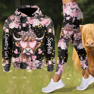 Black and Pink Highland Cow Personalized Hoodie & Leggings Set – Custom Name Cute Farm Animal Sweatshirt with High Waist Leggings, Trendy Country Girl Outfit