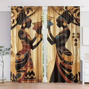 2 pieces, African women's decorative theme printed curtains, two women wearing exquisite traditional costumes, showing unique African decorative patterns, rod pocket design, suitable for living room study bedroom home decoration, modern home decoration.