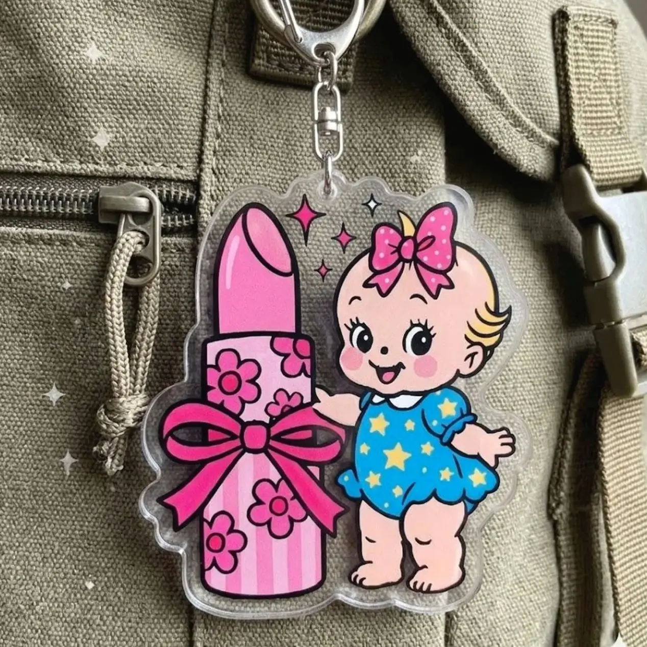 Lipstick Kewpie Keychain, Pink Bow Baby Acrylic Charm, Girly Kitsch Bag Accessory