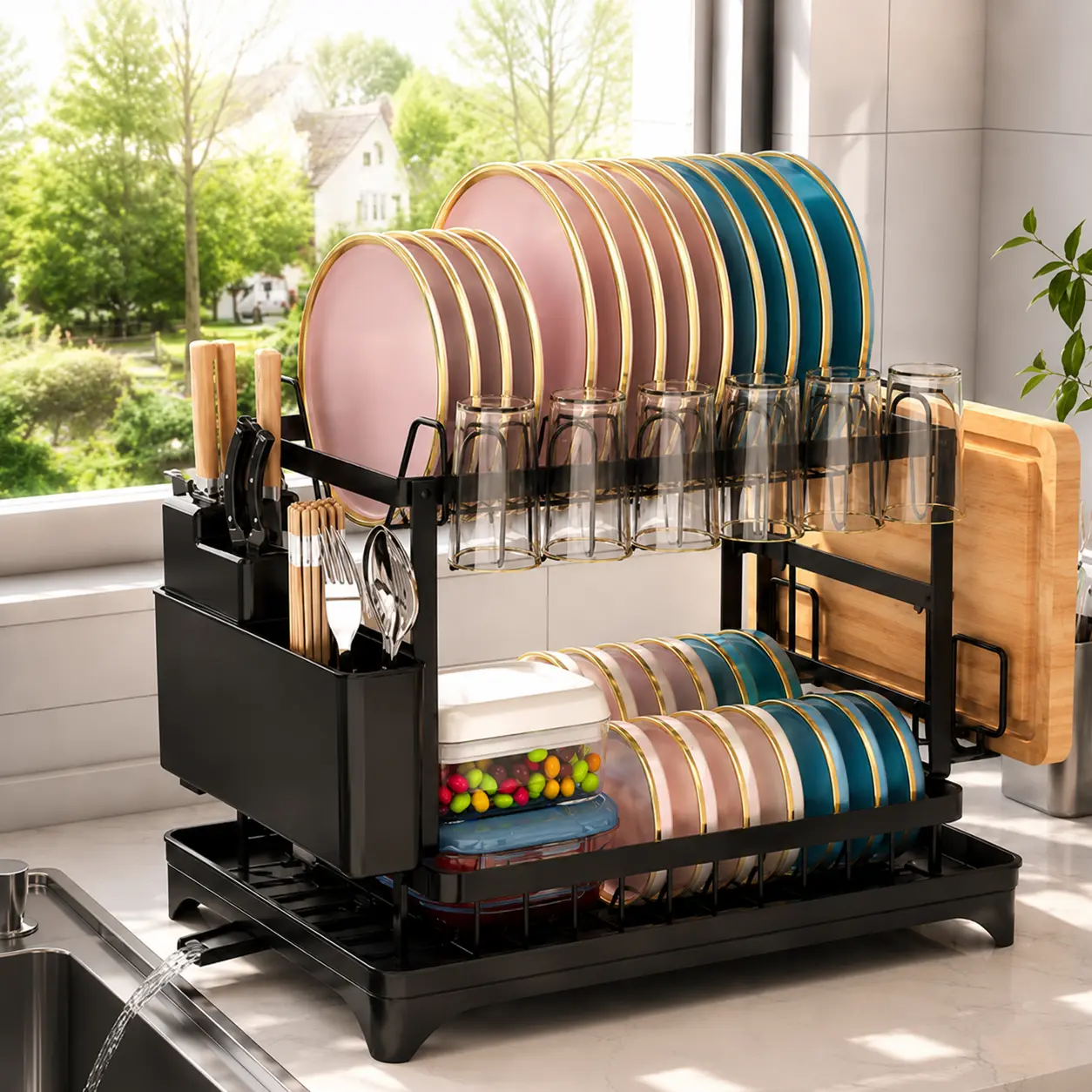【TiktokShopDealsForYou】Bepatio Double-Layer Kitchen Countertop Drain Rack, Metal Material, with Drain Board, Can Hold Tableware, Carbon Steel Material, Kitchen Storage Rack