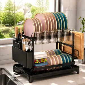 【TiktokShopDealsForYou】Bepatio Double-Layer Kitchen Countertop Drain Rack, Metal Material, with Drain Board, Can Hold Tableware, Carbon Steel Material, Kitchen Storage Rack