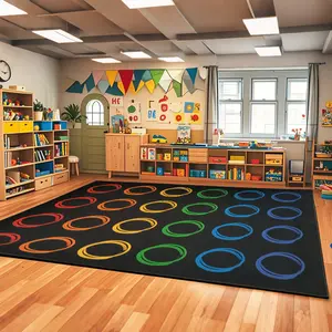 Classroom Rugs Elementary with Colorful Circle, Large Classroom Rug for Preschool Nursery Daycare, Educational Kids Carpet for Kindergarten, 13'x7'7'' Playmat Seats 24(Black)