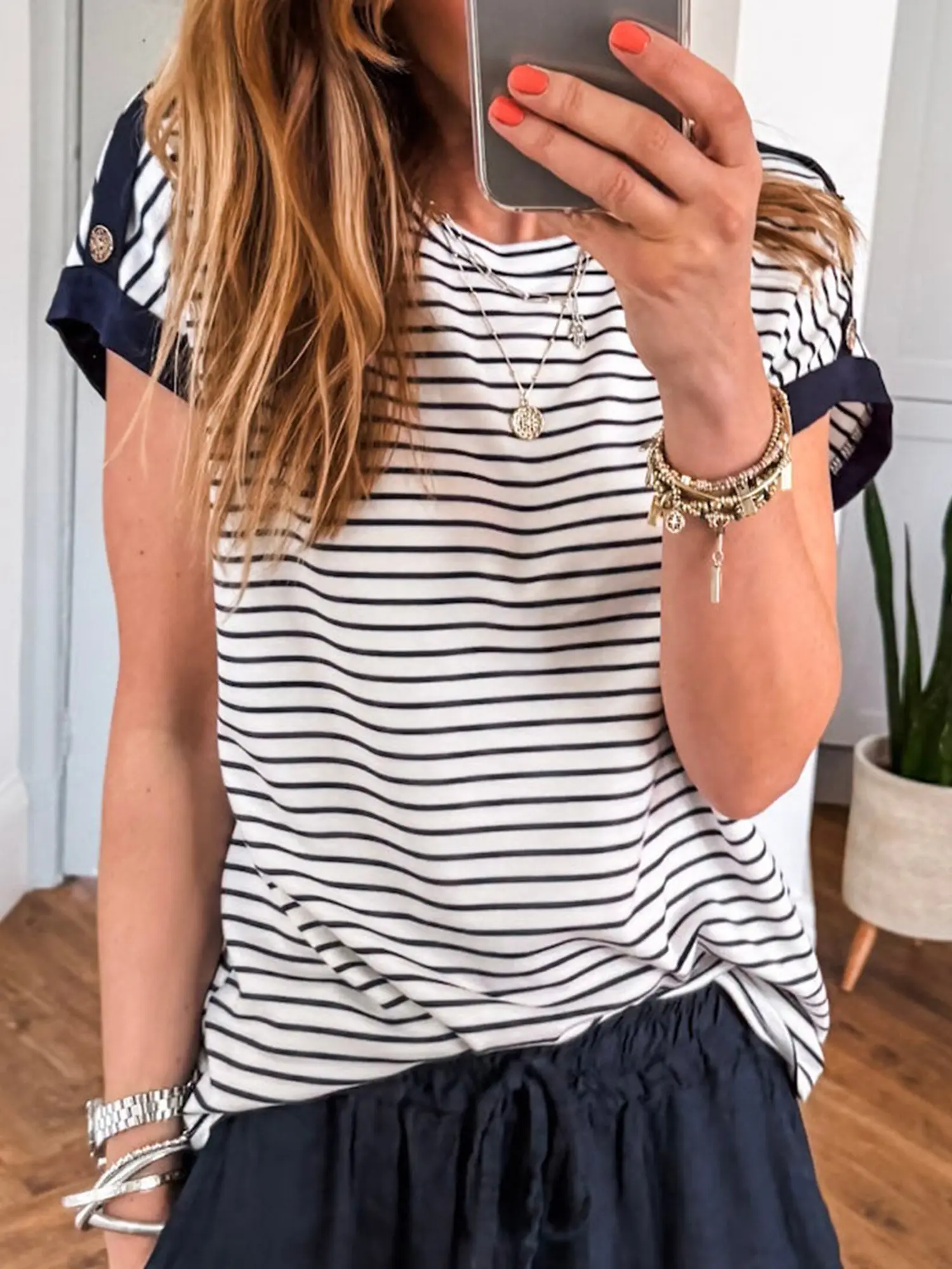Women's Casual T-Shirt, Striped Shortsleeve Relaxed Fit Cotton Blend with Shoulder Buttons and Cuffed Sleeves