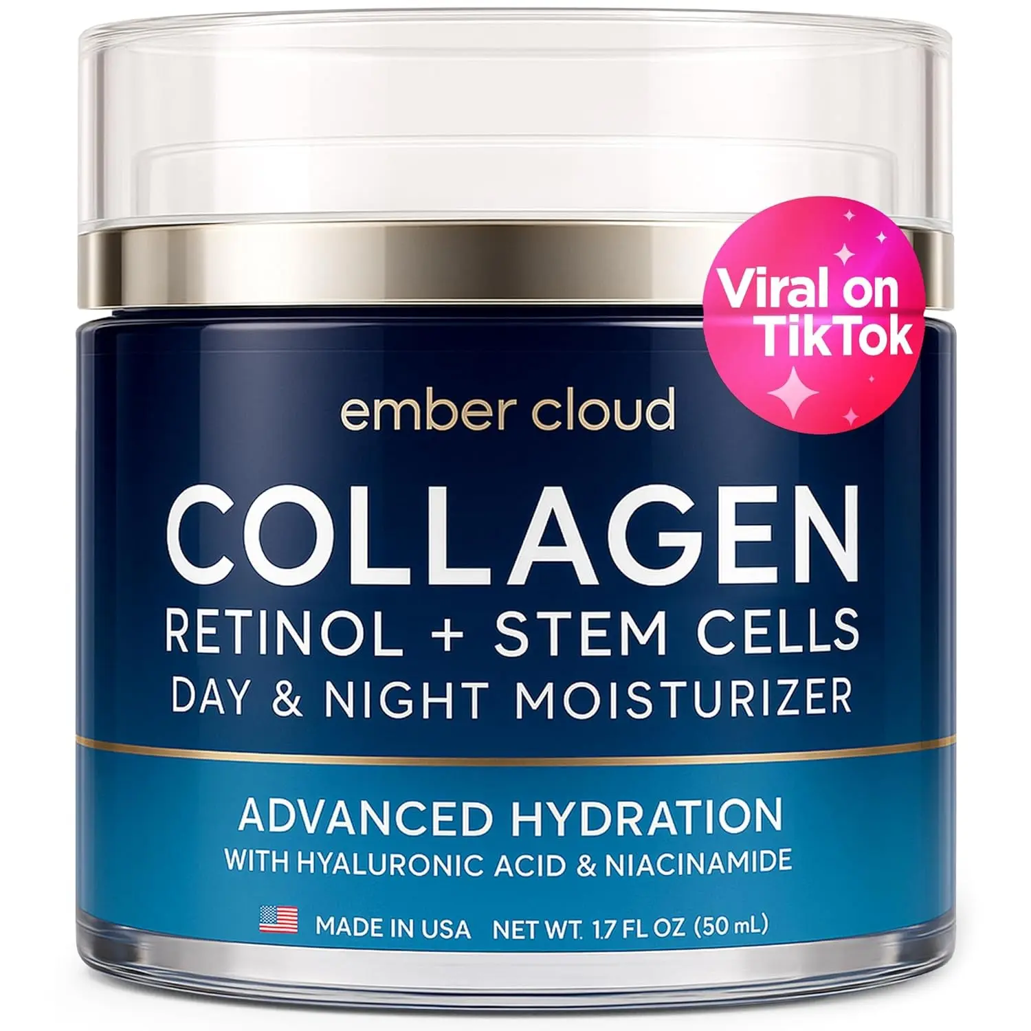 Collagen Face Cream with Stem Cells Retinol Hyaluronic Acid Niacinamide for All Skin Types - Anti-Aging Face Moisturizer with Airless Pump - Day & Night Cream for Wrinkles - Made in USA