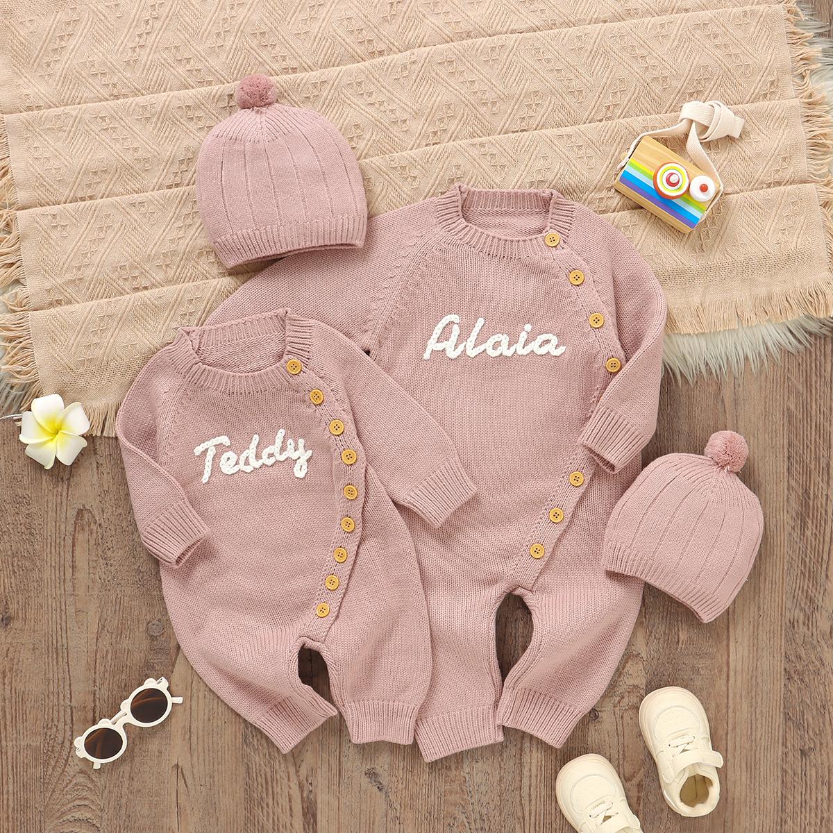 Mimixiong Handmade Embroidery Custom Baby Name Romper Sweater Coat, Newborn Soft Knitted Fabric, Comfortable Fit, Unique Baby Sweater Set with Baby Hat