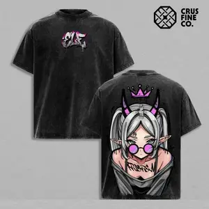 Frieren Streetwear Vintage Washed Anime T-Shirt | Demon Elf Girl Purple Crown Graphic Tee | Oversized Retro Shirt | Heavy Cotton Grunge Gift for Frieren Fans Unisex couple T-shirts