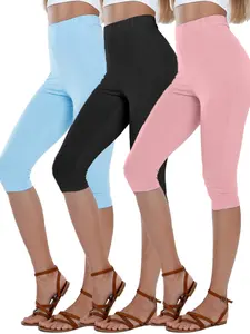 Women's High Waisted Tummy Control Yoga Capri Pants 3pcs Super Soft No See-Through Stretchy Workout Leggings in Black Gray Pink for Running Yoga