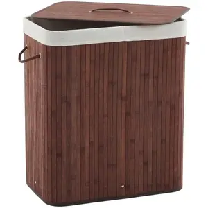 Bamboo Laundry Basket with Lid, Corner Laundry Hamper with Removable Liner, Foldable Laundry Hamper with Handle,Triangle Washing Clothes Basket Storage Bin for Room, Bedroom, Bathroom