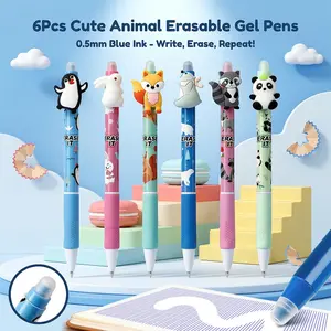 6pcs Kawaii Animal Erasable Neutral Pens, 0.5mm Blue Heat Erase Gel Pens, Ideal for Daily Study & Homework Use, Perfect for Students