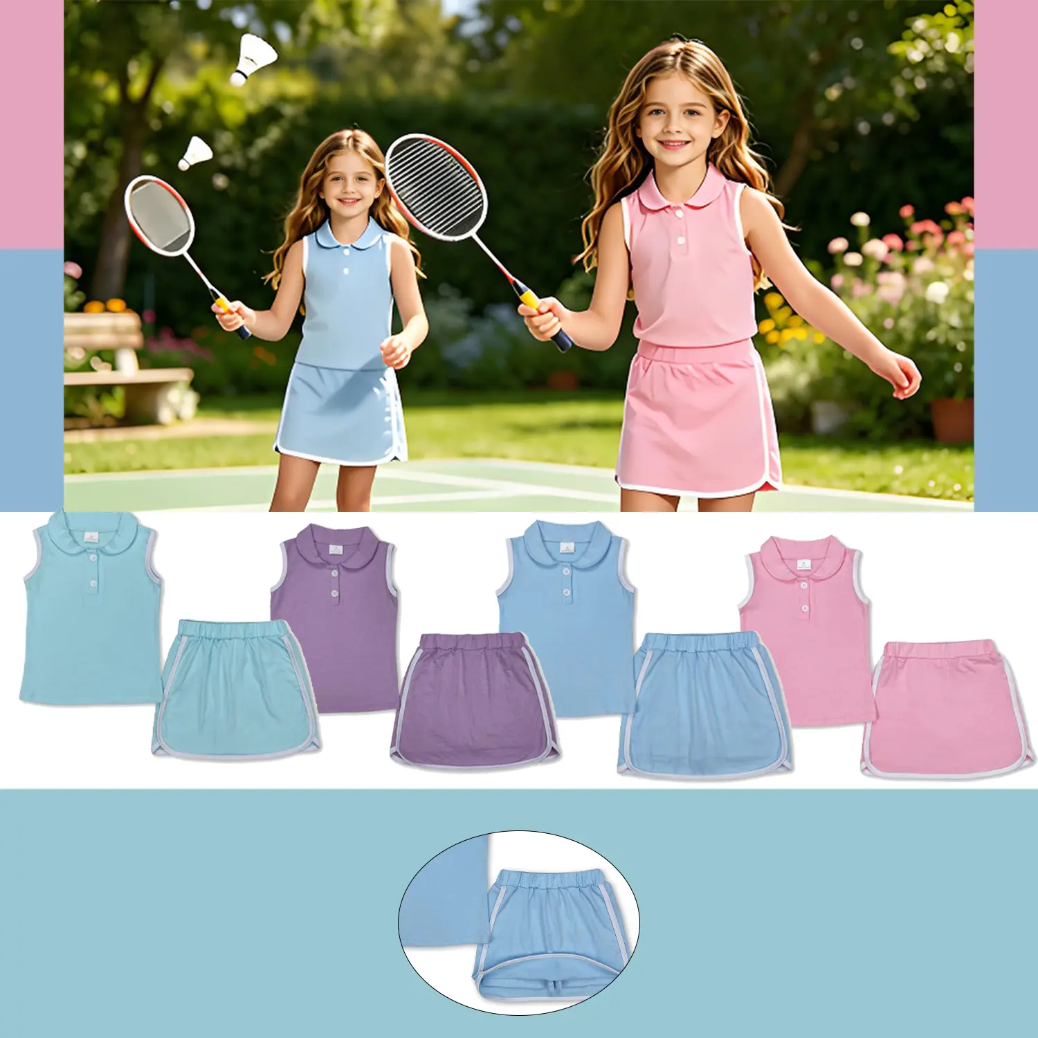 Girls' 4-Color Sleeveless Polo & Skort 2-Piece Set | Breathable Cotton for Tennis & Summer Play