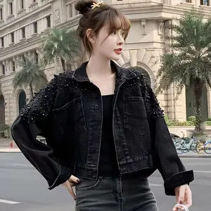 Women's Spring and Autumn Fashion Pearl Decorated Turn-Down Collar Long Sleeve Jacket, Versatile Rivet Detail Jacket