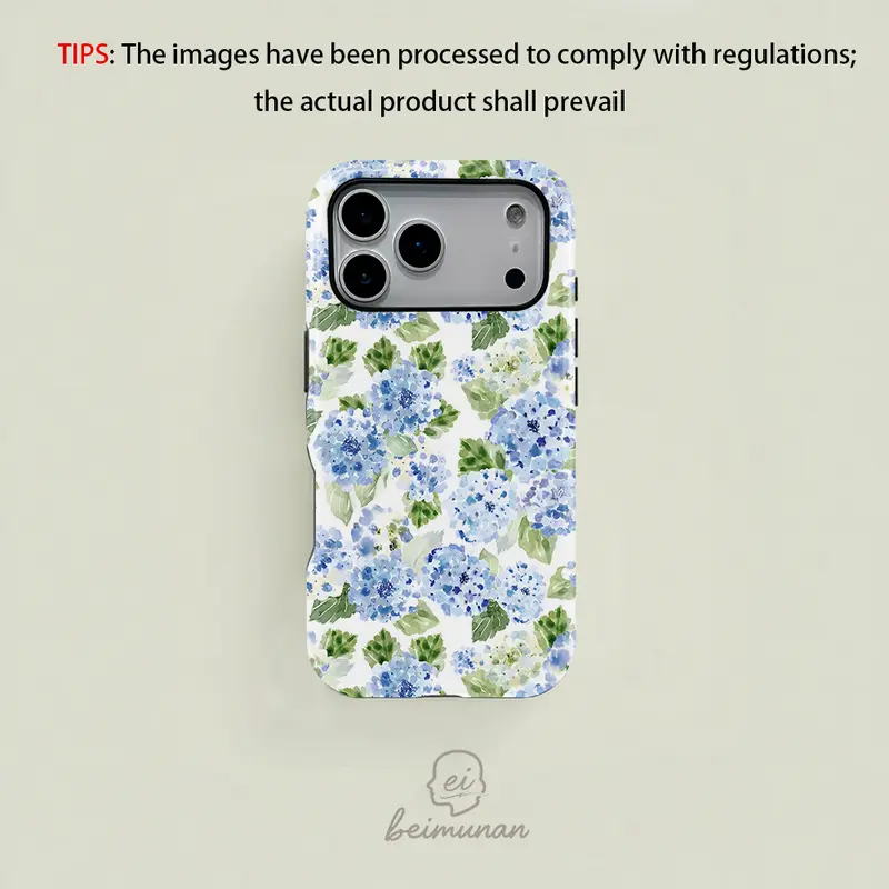Classic Minimalist 2-in-1 Local Protective Smartphone Casing, MagSafe Compatible with MagSafe, Flower Blue Watercolor Hydrangea Leaf Pattern, Fits iPhone 18/17/16/15/14/13/12/11 Pro Max/Plus/Pro